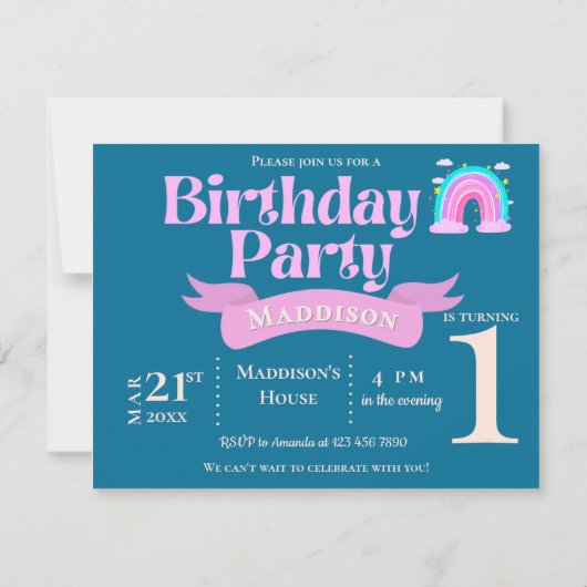 Whimsical Rainbow Pink & Teal 1st Birthday Invite  (裏面)