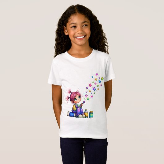 Whimsical Rainbow Star Painter Girl Tシャツ (正面フル)