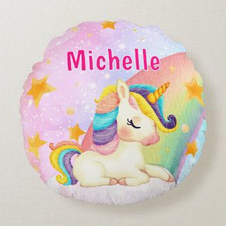 Whimsical Rainbow Unicorn Girl's Name Room  ラウンドクッション