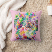 Whimsical Rainbow Watercolor Fluffy Cat in Winter  クッション (ブランケット)
