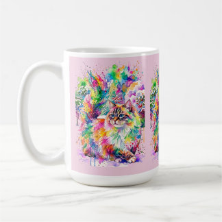 Whimsical Rainbow Watercolor Fluffy Cat in Winter  コーヒーマグカップ