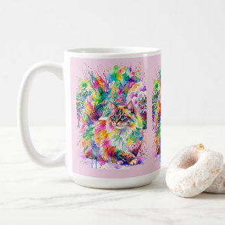 Whimsical Rainbow Watercolor Fluffy Cat in Winter  コーヒーマグカップ