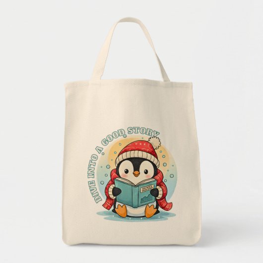 Whimsical Reading Penguin Eco Friendly Grocery  トートバッグ (正面)