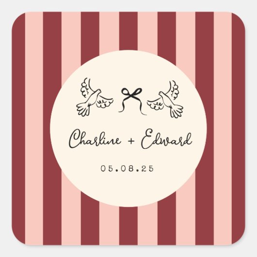 Whimsical Red and Blush Pink Striped Wedding スクエアシール (正面)