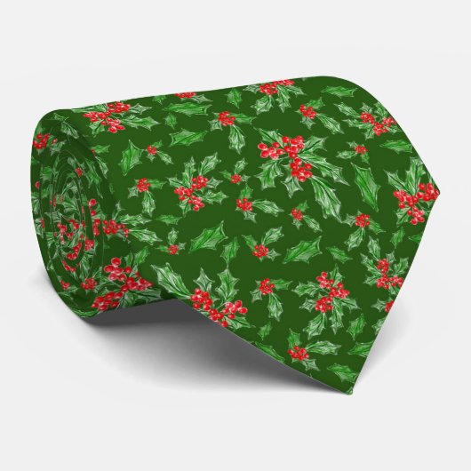 Whimsical Red and Green Holly Pattern Christmas ネクタイ (ロール)