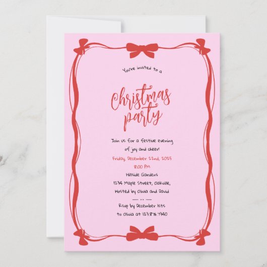 Whimsical Red and Pink Bow Christmas Party 招待状 (正面)