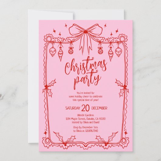 Whimsical Red and Pink Hand Drawn Christmas Party 招待状 (正面)