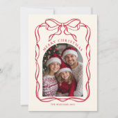 Whimsical Red Bow Frame Family Photo Christmas シーズンカード (正面)