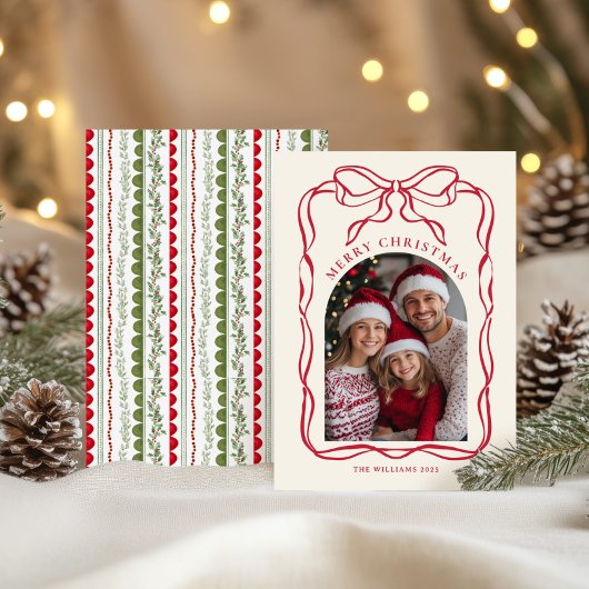 Whimsical Red Bow Frame Family Photo Christmas シーズンカード