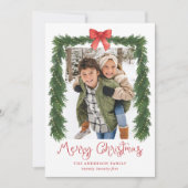 Whimsical Red Bow Garland Christmas Photo シーズンカード (正面)