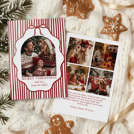 Whimsical Red Bow Merry Christmas Family Photo シーズンカード