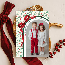 Whimsical Red Bow Ribbon Christmas Holiday Photo シーズンカード