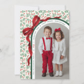 Whimsical Red Bow Ribbon Christmas Holiday Photo シーズンカード (正面)