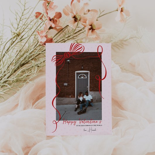 Whimsical Red Bow Valentine’s Photo Card カード