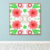 Whimsical Red Flowers Green Leaves On White Art キャンバスプリント (インサイチュ (ウッドフロア))