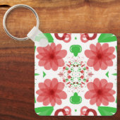 Whimsical Red Flowers Green Leaves On White Art キーホルダー (正面)