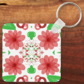 Whimsical Red Flowers Green Leaves On White Art キーホルダー (裏面)