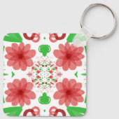 Whimsical Red Flowers Green Leaves On White Art キーホルダー (裏面)