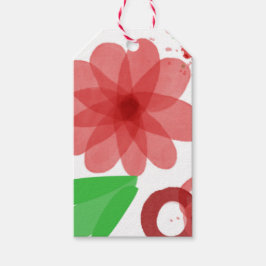 Whimsical Red Flowers Green Leaves On White Art ギフトタグ