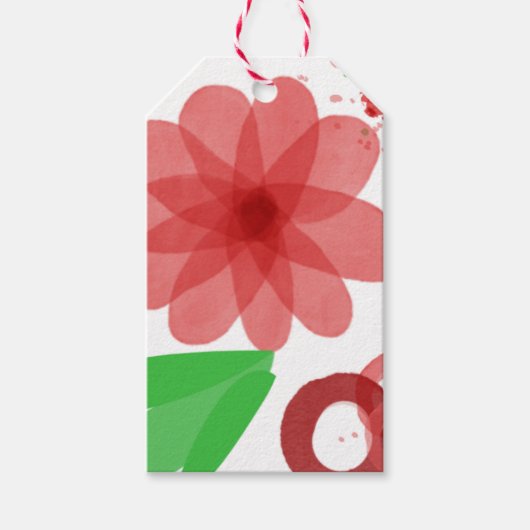 Whimsical Red Flowers Green Leaves On White Art ギフトタグ (正面)