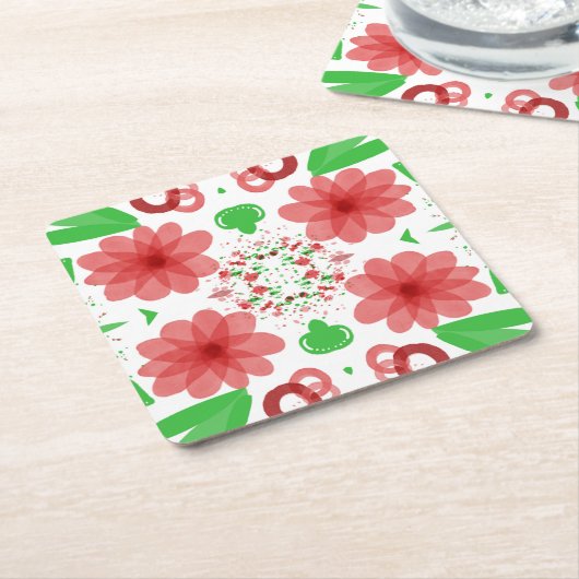 Whimsical Red Flowers Green Leaves On White Art  スクエアペーパーコースター (アングル)
