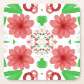 Whimsical Red Flowers Green Leaves On White Art  スクエアペーパーコースター (正面)