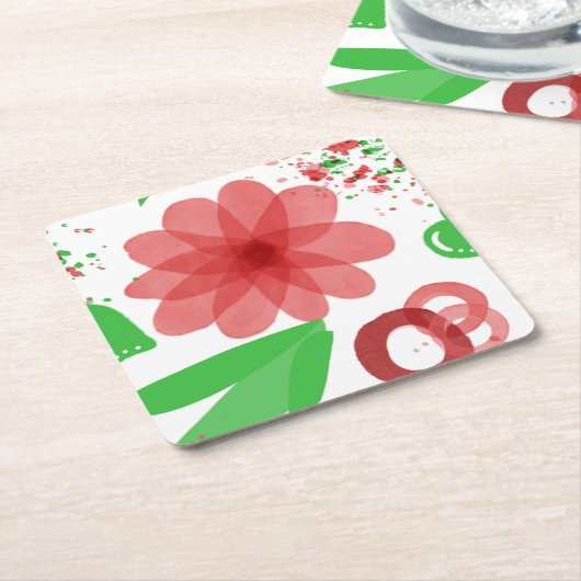 Whimsical Red Flowers Green Leaves On White Art  スクエアペーパーコースター (アングル)