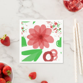 Whimsical Red Flowers Green Leaves On White Art スタンダードカクテルナプキン