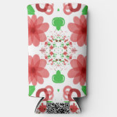 Whimsical Red Flowers Green Leaves On White Art スリム缶クーラー (正面)