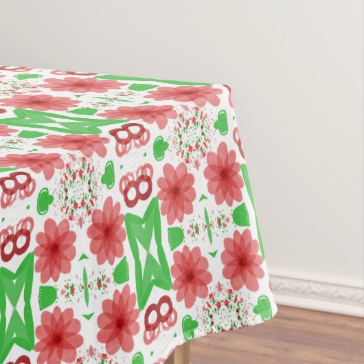 Whimsical Red Flowers Green Leaves On White Art テーブルクロス (インサイチュ)