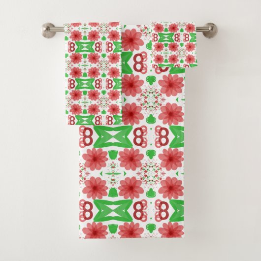 Whimsical Red Flowers Green Leaves On White Art バスタオルセット (インサイチュ)