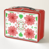 Whimsical Red Flowers Green Leaves On White Art メタルランチボックス (正面)