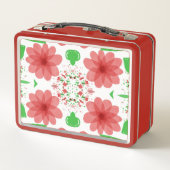 Whimsical Red Flowers Green Leaves On White Art メタルランチボックス (裏面)