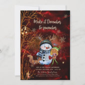 Whimsical Red Gold Snowman Elf Squirrel Christmas 招待状 (正面)
