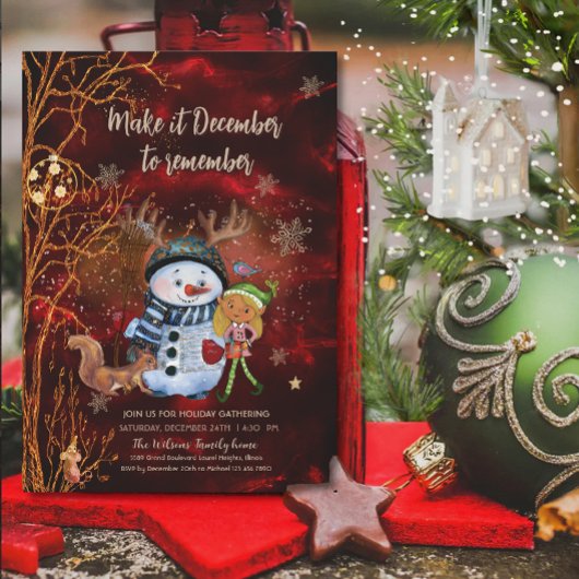Whimsical Red Gold Snowman Elf Squirrel Christmas 招待状