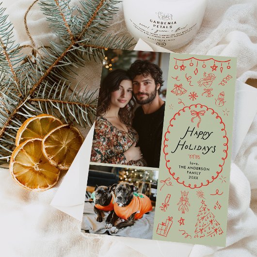 Whimsical Red Green Hand Drawn Icons 2 Photo シーズンカード