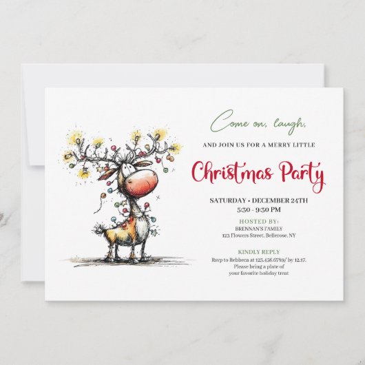 Whimsical Red Green Reindeer Christmas Invitation 招待状 (正面)