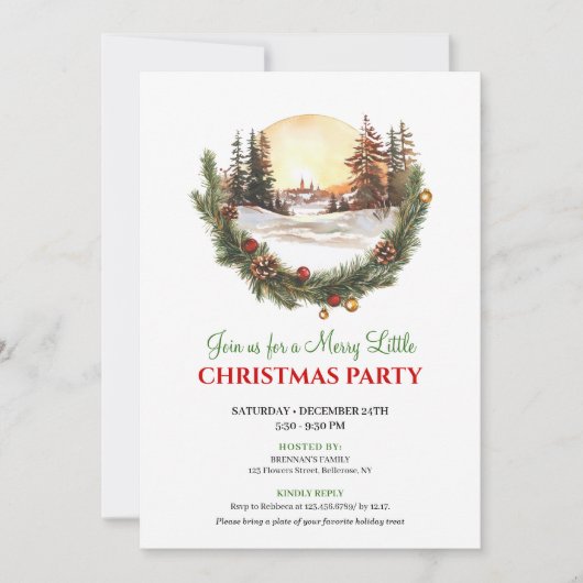 Whimsical Red Green Winter Scene Party Invitation 招待状 (正面)