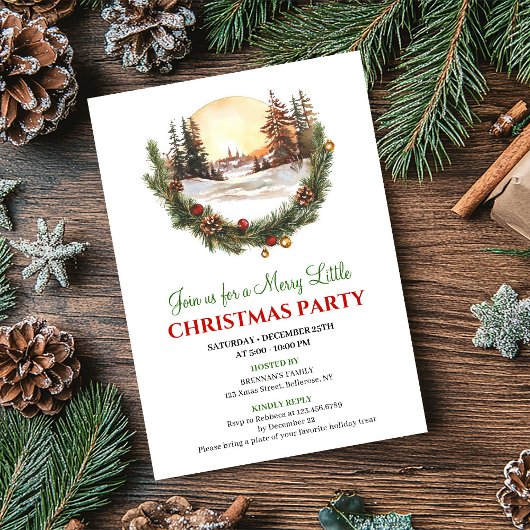 Whimsical Red Green Winter Scene Party Invitation 招待状