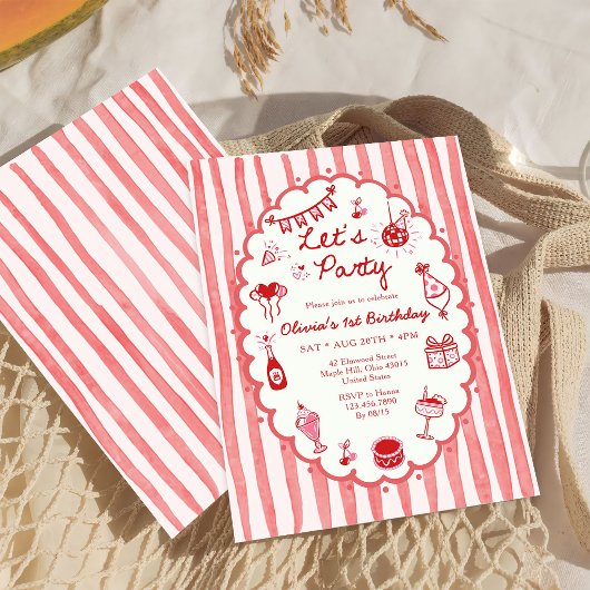 Whimsical Red Hand-Drawn Birthday Party Invitation 招待状
