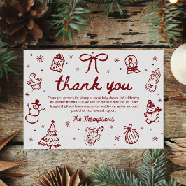 Whimsical Red Hand Drawn Christmas Baby Shower サンキューカード