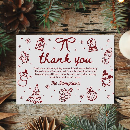 Whimsical Red Hand Drawn Christmas Baby Shower サンキューカード