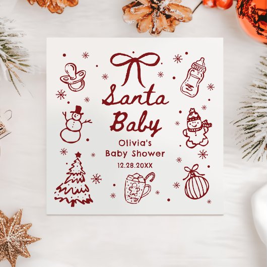 Whimsical Red Hand Drawn Christmas Baby Shower スタンダードカクテルナプキン