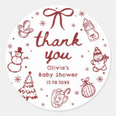 Whimsical Red Hand Drawn Christmas Baby Shower ラウンドシール (正面)