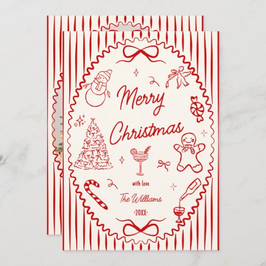 Whimsical Red Hand Drawn Doodles Christmas Photo  シーズンカード (正面/裏面)