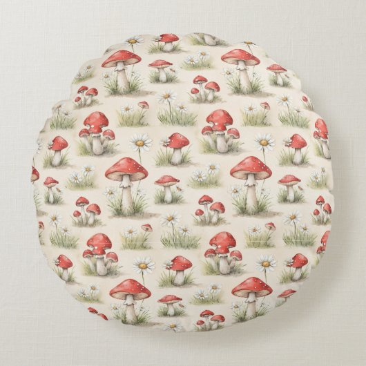 Whimsical Red Mushroom & Grass Watercolor Pattern ラウンドクッション (正面)
