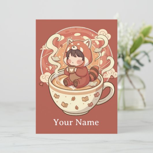  Whimsical Red Panda Coffee Greeting Card シーズンカード (スタンド正面)