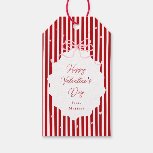 Whimsical Red Pink Bow Hearts Happy Valentines Day ギフトタグ (正面)
