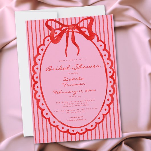 Whimsical Red Pink Bow Stripe Bridal Shower 招待状