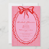 Whimsical Red Pink Bow Stripe Bridal Shower 招待状 (正面)